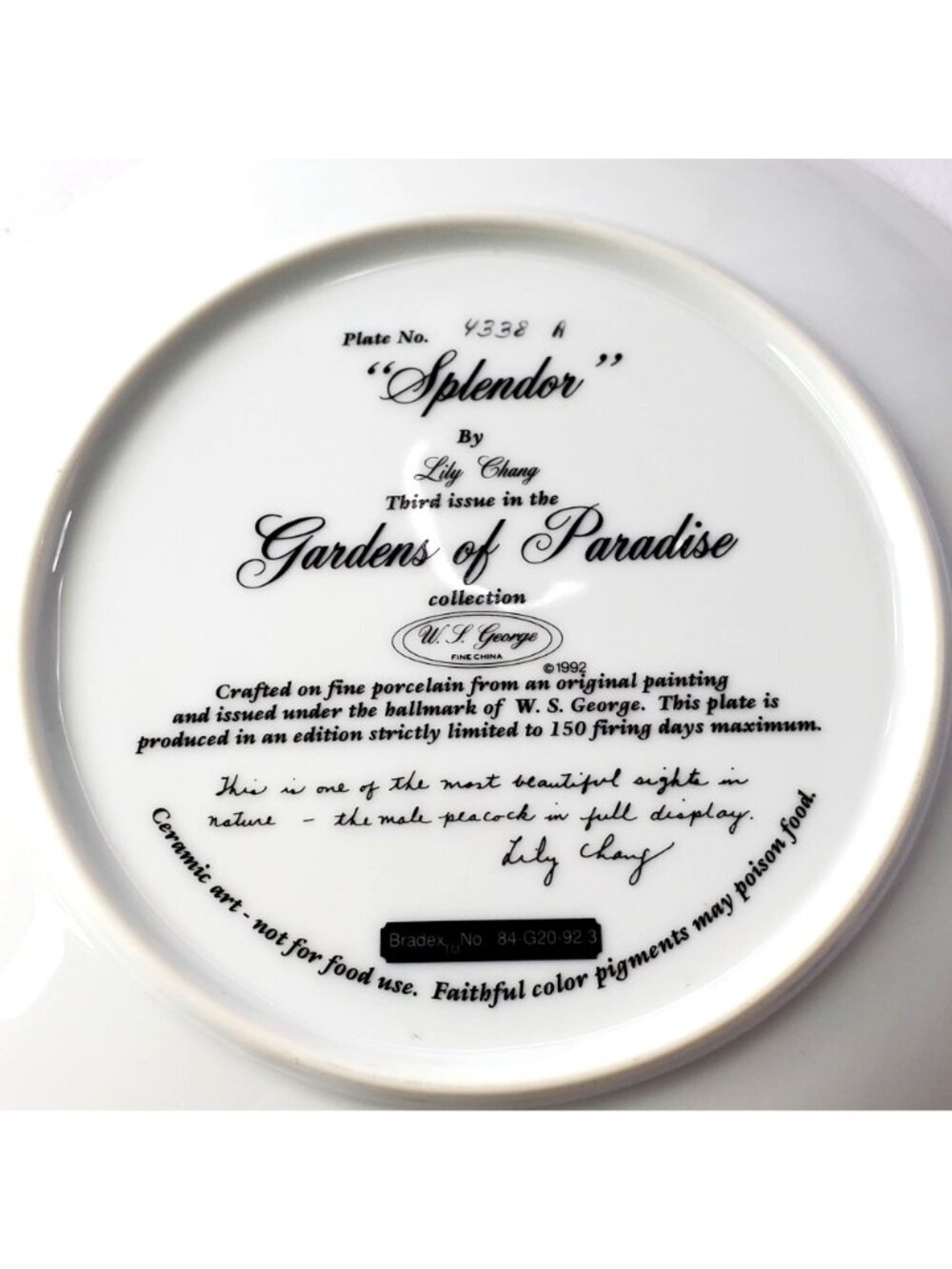 Splendor Peacock Plate By Lily Chang Gardens Of Paradise Chrysanthemum 1992 COA - Picture 3 of 12